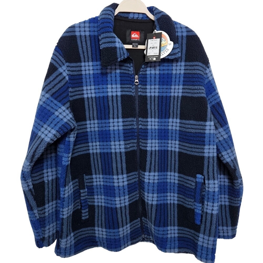 Quicksilver NWT Mens Deck‎ Plaid Fleece Zip Jacket Cozy Preppy Heritage Blue L